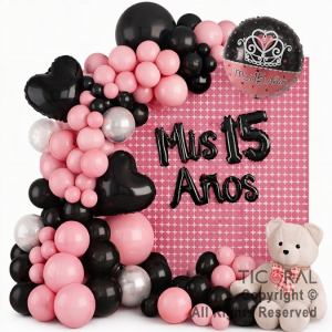 SET DE GLOBOS ARCO XL MIS 15 A�OS ROSA Y NEGRO MA 77 UNIDADES